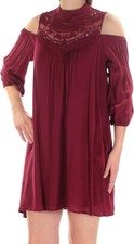 As U Wish Juniors Cold Shoulder Lace Yoke Dress, Burgundy, S