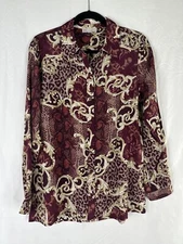 DG2 Diane Gilman Top Women Size M Red Gold Long Sleeve Button Up Silk Blend