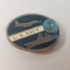 US Navy Belt Buckle Enameled Battleship Jet Anchor Blue Oval Vintage USN