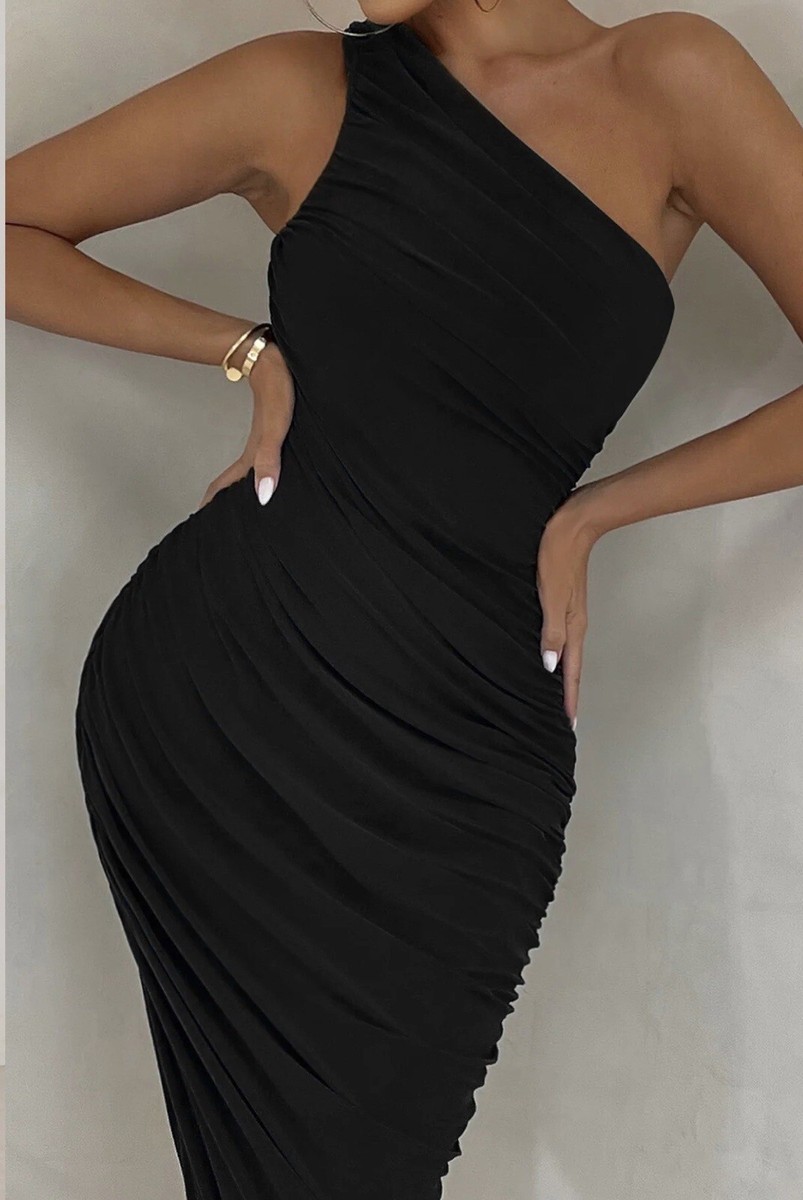 Club L London LATE NIGHT Black Asymmetric One Shoulder Ruched Midi Dress.  Size 8 | eBay UK