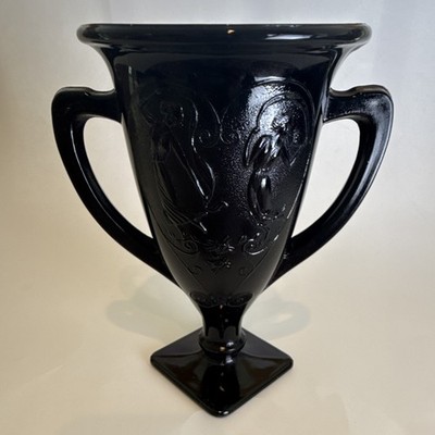 Vintage LE Smith Black Amethyst Glass Dancing Nymphs Trophy Vase - Dark Academia