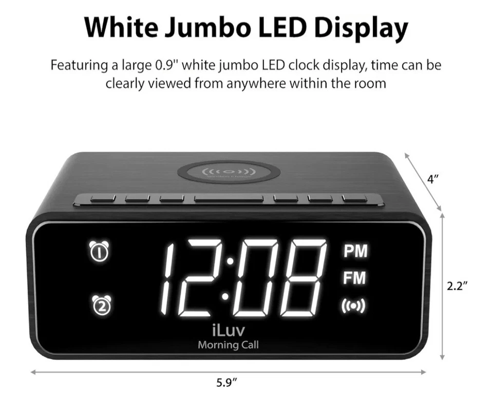 Reloj despertador iLuv con carga inalámbrica y radio FM - Paquete de 2 Foto 3 de 4