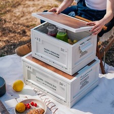 30/45L Outdoor Camping Folding Organiser Box Wood Lid Car Boot Storage Box