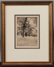 Antique Signed KATHRIN CAWEIN Winter Snow Pine Tree Landscape Etching Print, NR