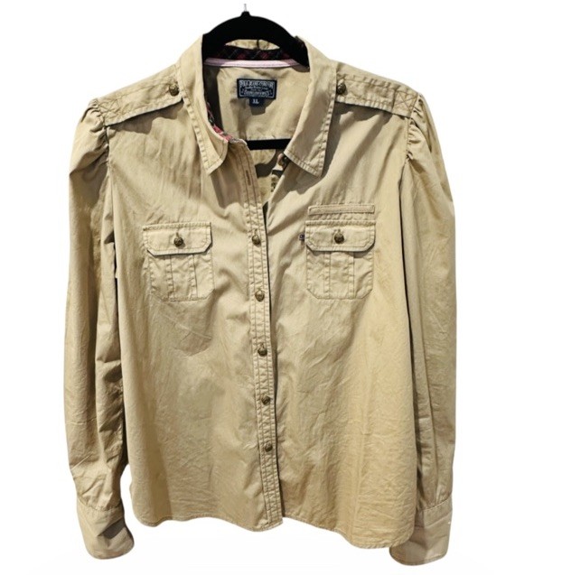Vtg Ralph Lauren Polo Jeans Co Shirt Size XL Tan Puff Sleeve Safari Military