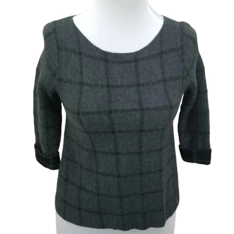 Suéter para mujer Tahari grande gris a cuadros 100 % lana merino manga 3/4 pulóver Foto 2 de 4