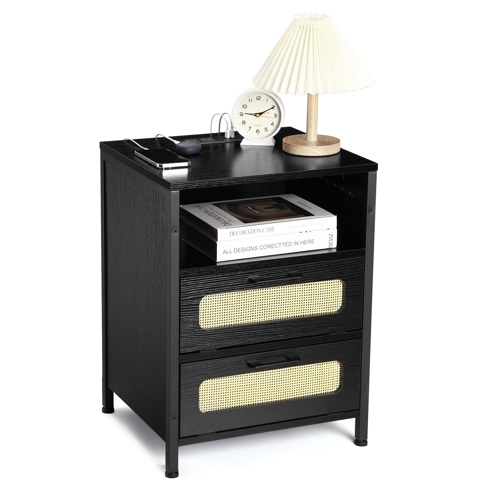 Black Nightstand with Built-In USB Charging Station-image