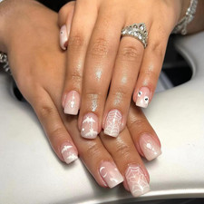 24Pcs Halloween Press on Nails Short Square Fake Nails Cute White Spider Web Gho