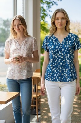 Cathy Women s L Blue/White/Yellow Floral V-Neck Short Sleeve Blouse