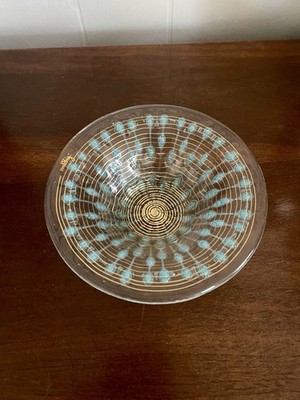 Higgins MCM Fused Art Glass - Clear, Blue Spiral Gold Atomic Age Bowl 5 3/4''