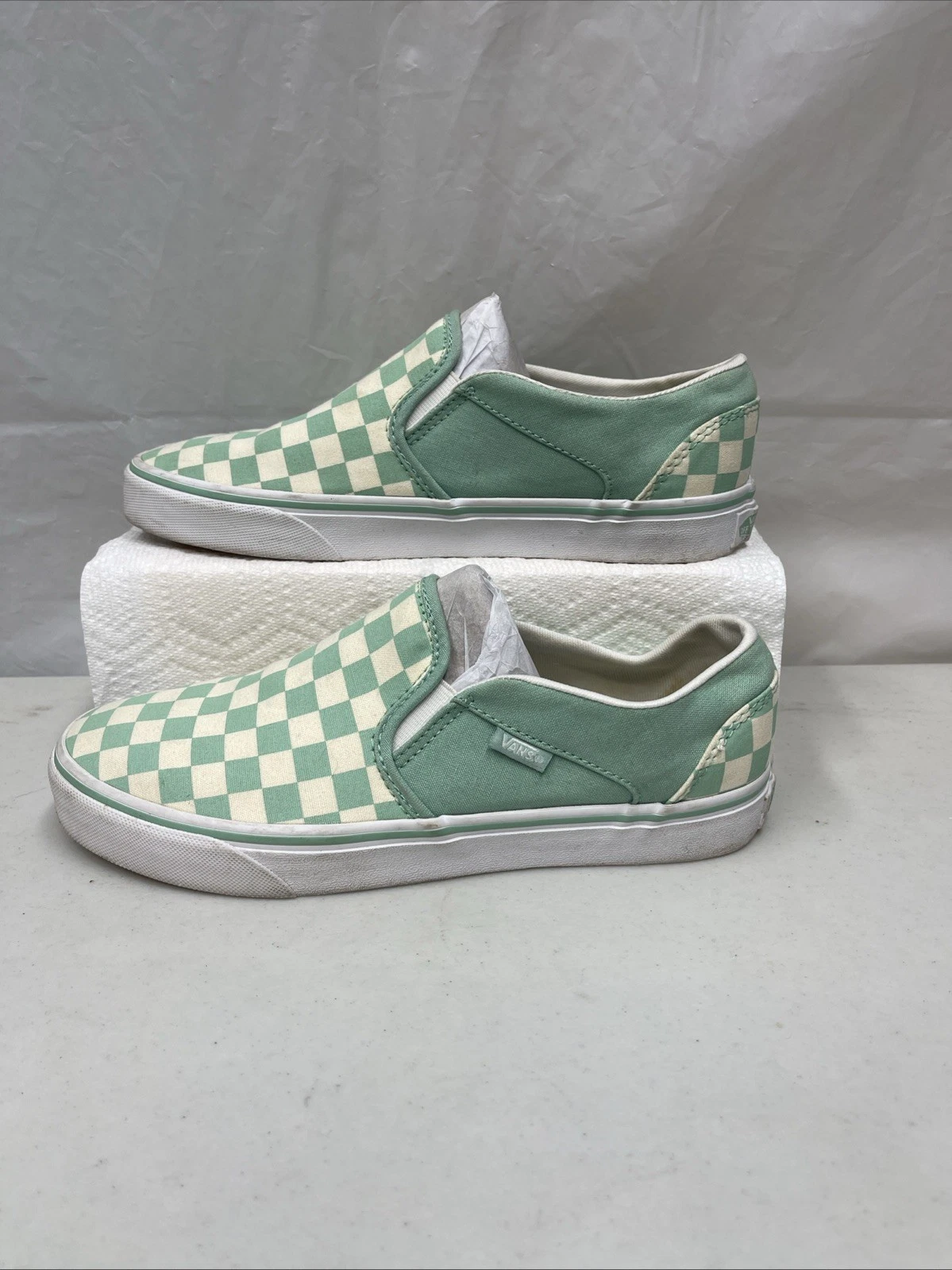 Mocassini da skate Vans bassi donna taglia 9 verde a scacchi scarpa piccola macchia R