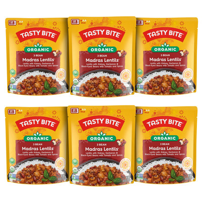 Tasty Bite Organic 3 Bean Madras Lentils Vegan Microwaveable Indian Meal Pack