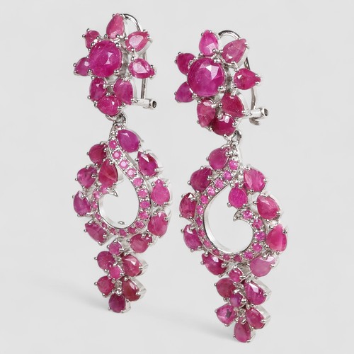 White Gold Plated Floral Earrings Dazzling Pinkish Red Ruby 925 Sterling Silver - Picture 3 of 7