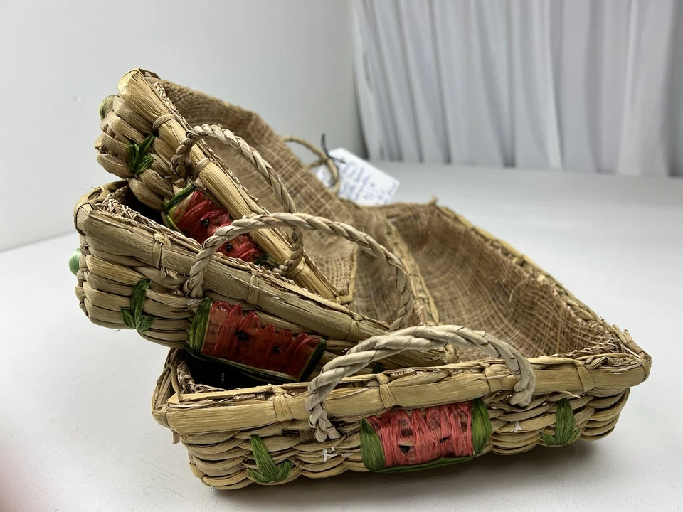 Antique Set Of Hand Made Nesting Baskets Fruits Veggies Rafia Philippines Decor - Image 4 of 4