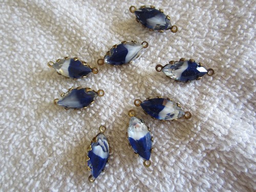 Vintage Antique Connector Beads Blue White Gold Tone 8 qty Mid Century Marquis
