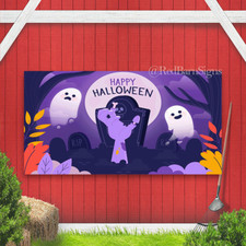 happy halloween background with ghosts graveyard banner