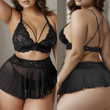 Plus Size Women Sexy Lingerie Piece Lace Bralette,Mini Skirt with G-String Teddy
