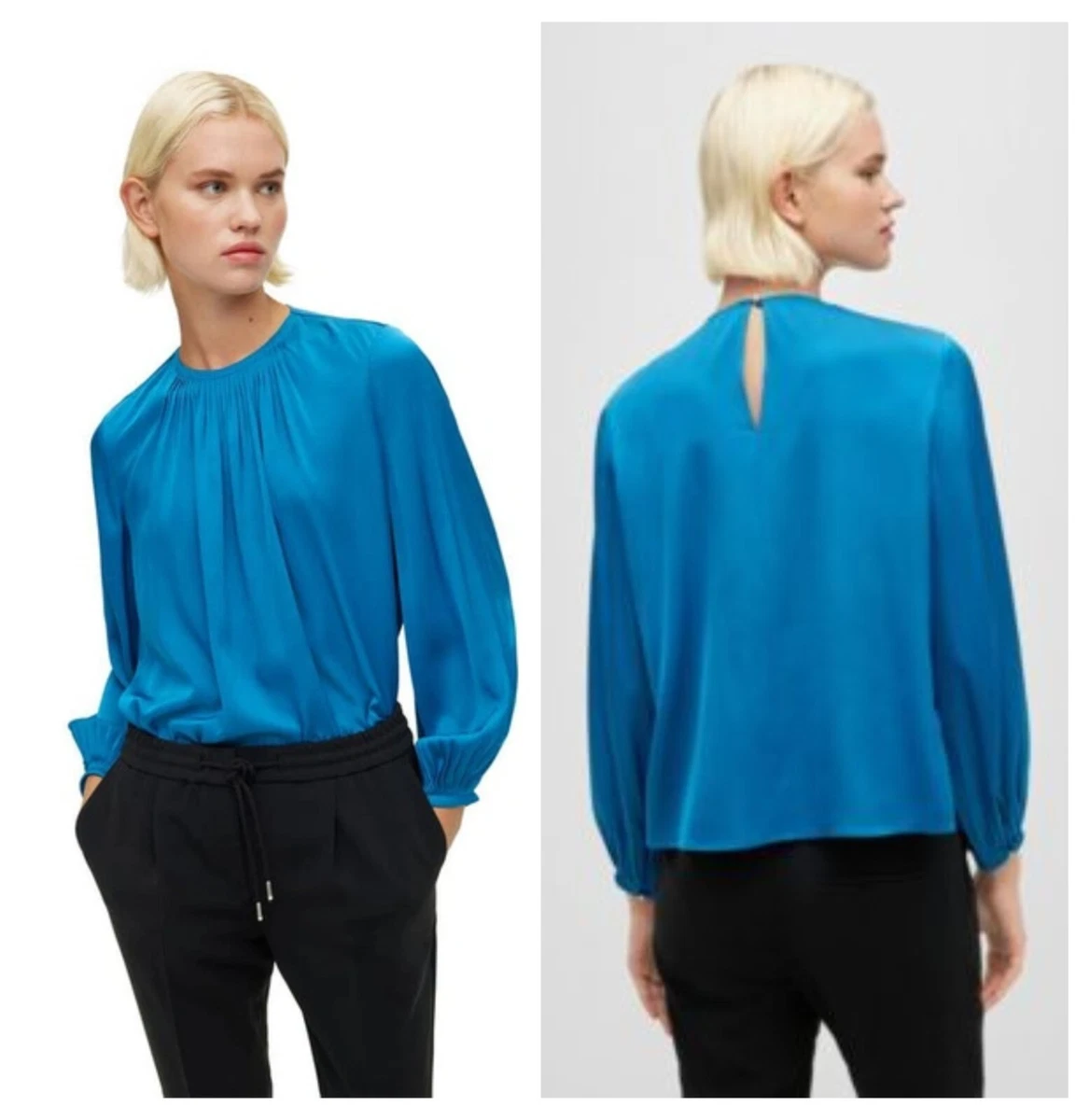 Boss Womens Izane Teal Silk Blend Shirred Pleat Neck Stretch