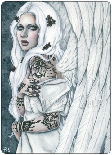 ACEO LE PRINTS Angels Tattoos Colors Gothic Grayscale Black Gray White Wings - Picture 7 of 7