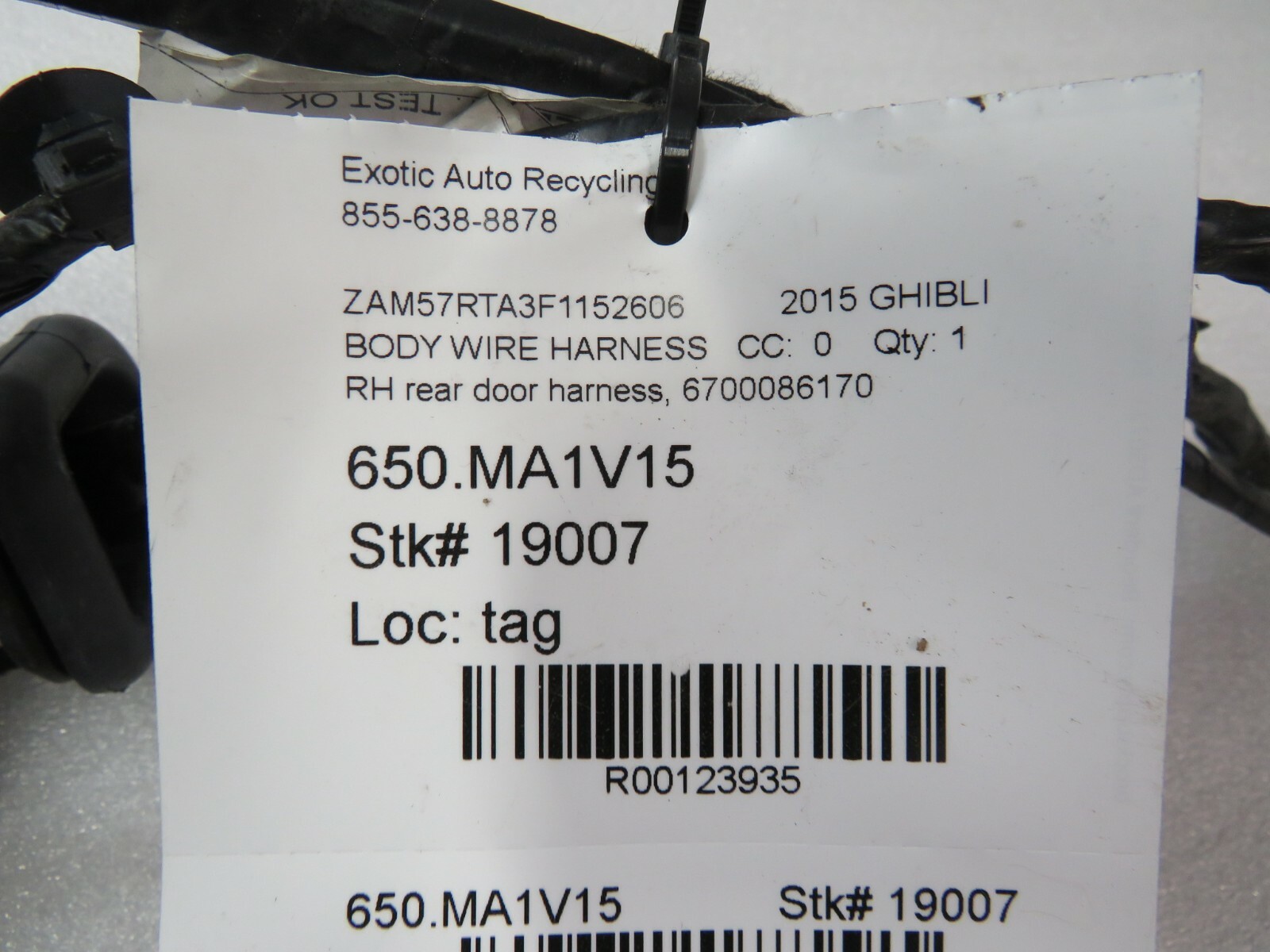 Maserati Ghibli, RH, Right, Rear Door Wire Harness, Used, P/N 6700086170