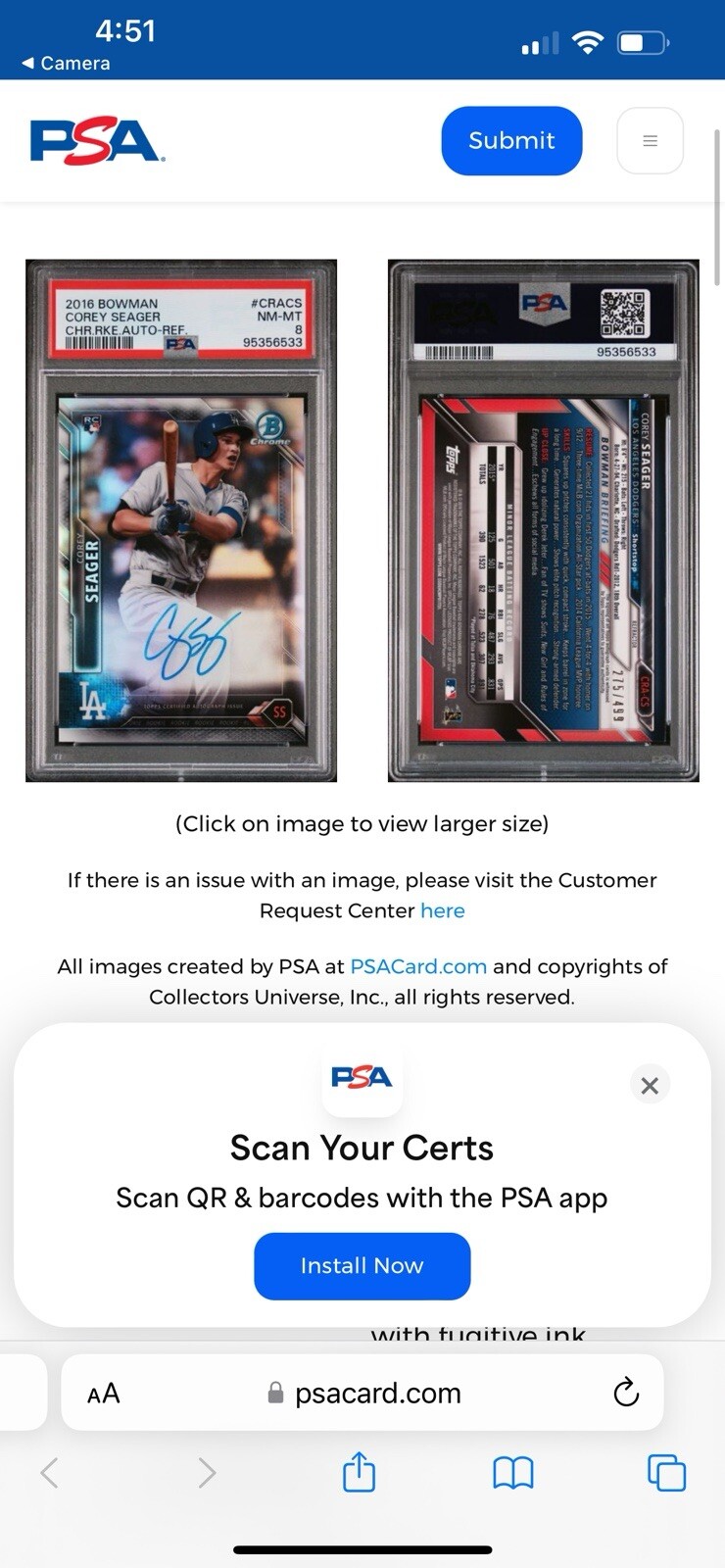 2016 Bowman - Chrome Rookie Autographs Refractor #CRA-CS Corey Seager /499 RC view 2