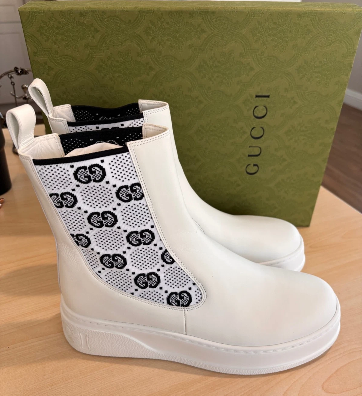 BOTTES GUCCI CUIR BLANC GG SUPREME JERSEY BOTTINES pointure 41