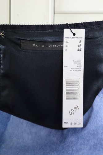 ELIE TAHARI NWT $198 Elva Lined Abstract Cotton Blend Navy Pencil Skirt Size 8 - Picture 6 of 6