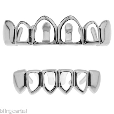 Four Open Face Tooth Grillz Top and Bottom Teeth Silver Tone Hip Hop Grills Set