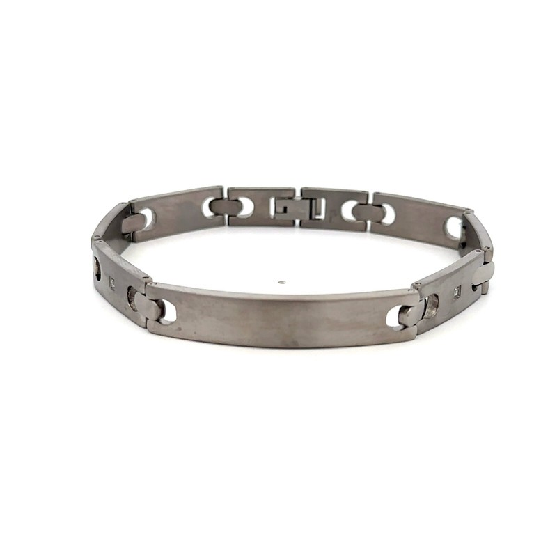 Mens Titanium Diamond Bracelet 8.5" Link Chain Modern Silver Tone