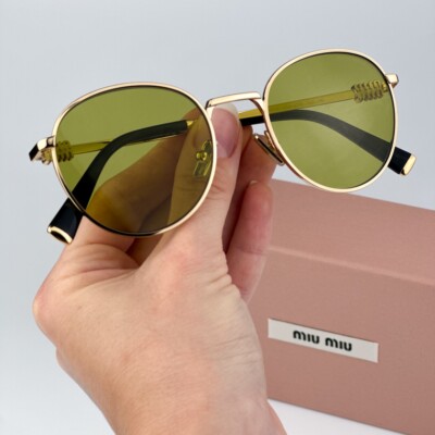 Miu Miu Women Sunglasses Gold Olive Green Round MU55ZS REGARD 5AK07O BRAND NEW