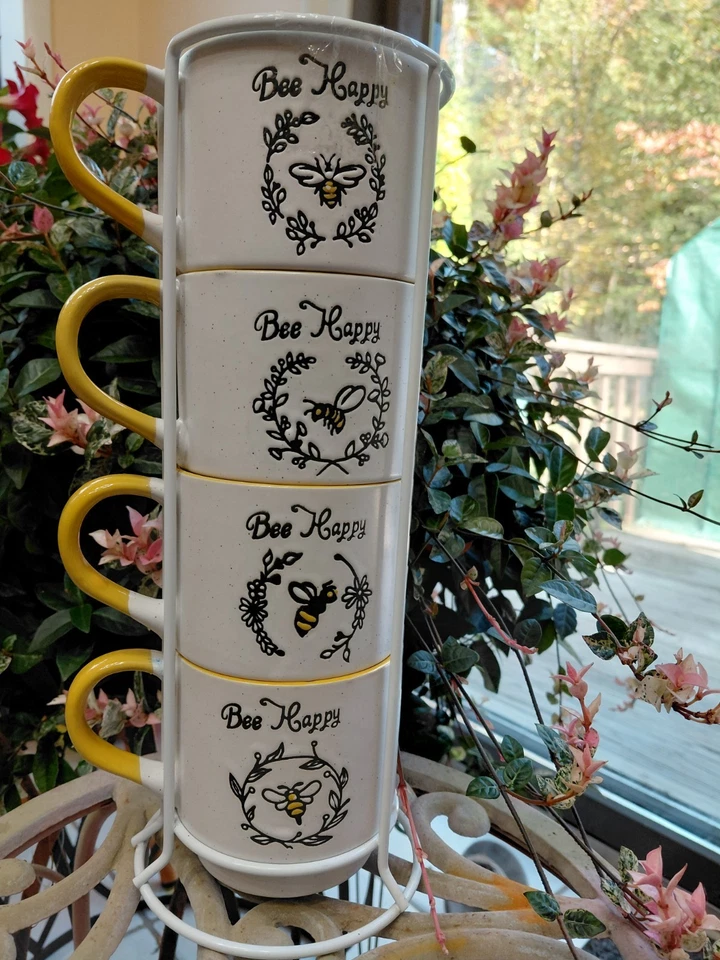 4 canecas Bee Happy em caddy de metal branco por marca Signature - Imagem 4 de 4