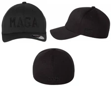Make America Great Hat Fitted Black Hat with Side Flag, Trmp 2025 on the back.