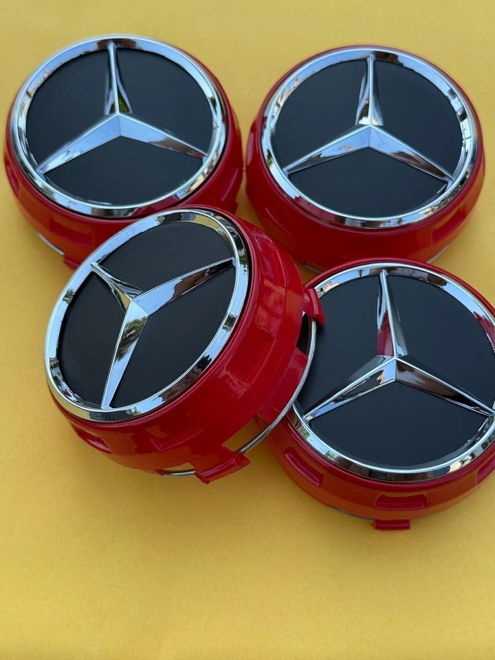Set of 4 Mercedes Benz Matte Black/Red outlined Center Caps 2.95 Inch/75mm Foto 2 de 4