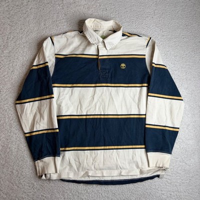 Timberland Mens Long Sleeve Rugby Shirt Striped Navy Cream Yellow Cotton Small