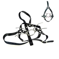 Bondage Head Harness Slave Neck Collar with Nose Hook Restraint Open Mouth Gag