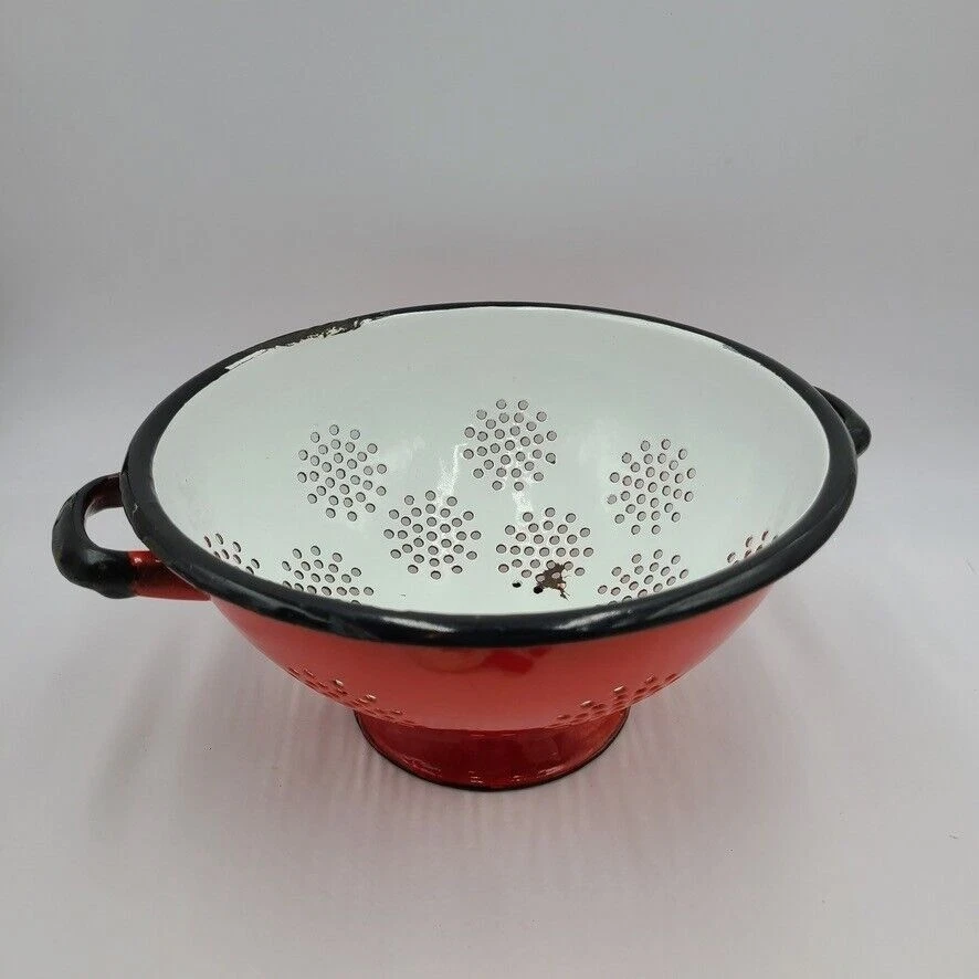 Vintage Red Black Enamel Enamelware Colander Strainer Farmhouse