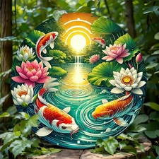 Antique Japanese Zen Garden Koi Fish Lotus Pond Aluminum Wall Art