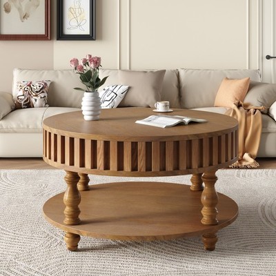 Modern Dual-Tier Round Solid Wood Coffee Table w/ Flip-Top Lid