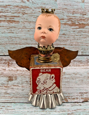 Bear King Angel Boy Assemblage Art Statue Childs Block Doll Head