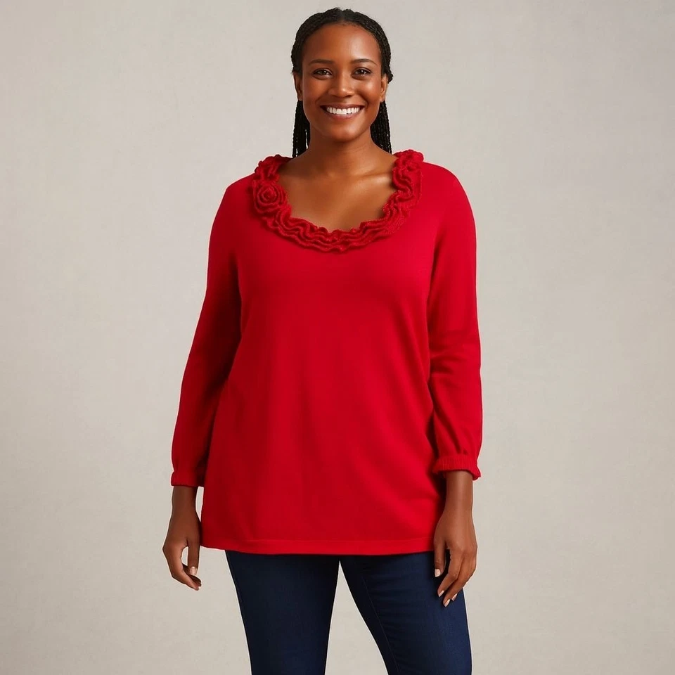 Quacker Factory Red Rose Knit Sweater Large NWOT Romantic Floral Holiday Cozy - Image 4 of 4