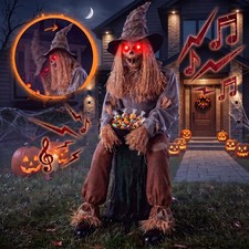 Joyfy 56" Halloween Animatronic Sitting Scarecrow Prop LED Eyes Sounds Outdoor