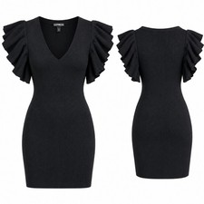 Express Black Ribbed Knit Sweater Mini Dress XS V Neck Ruffle Sleeve NWT