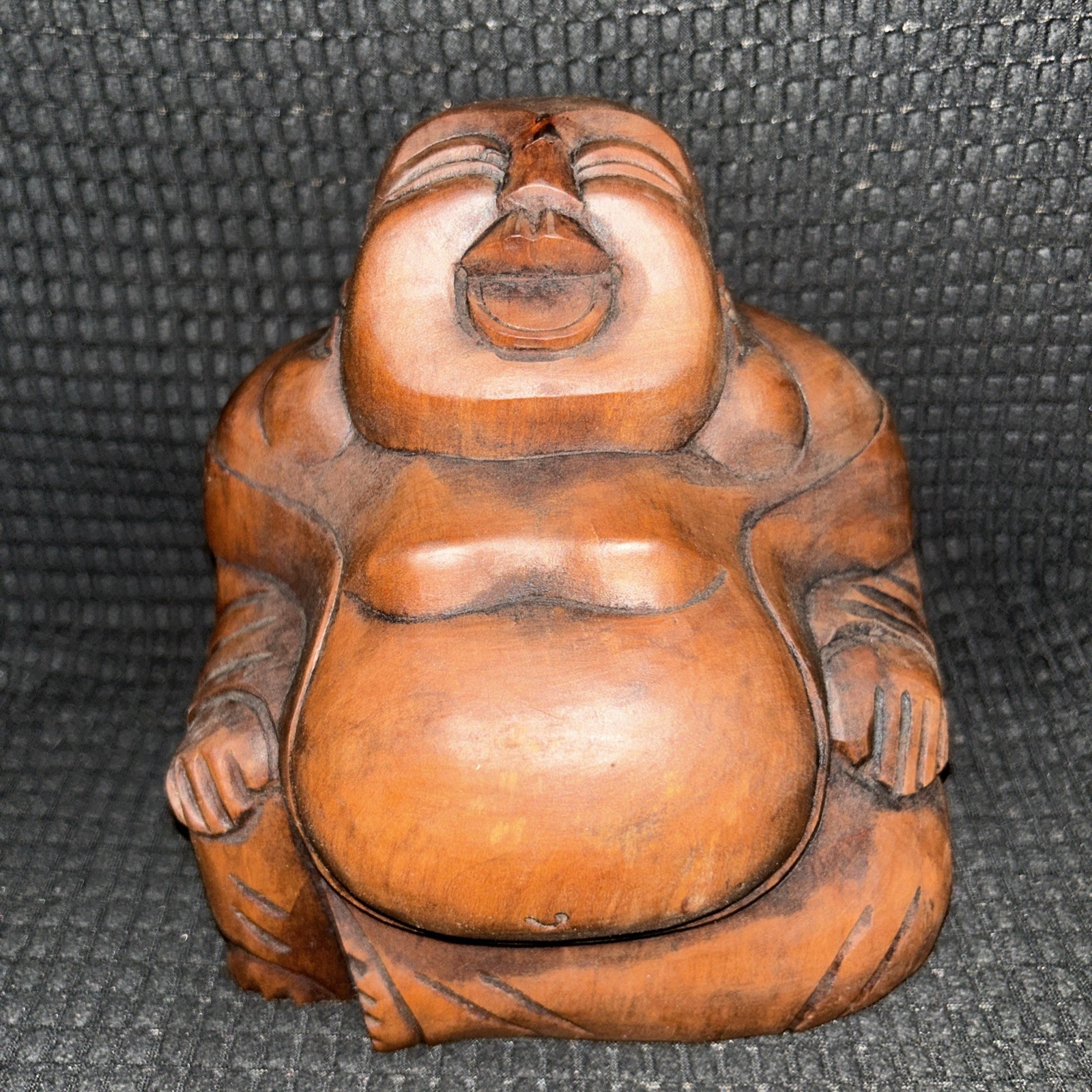 LARGE SOLID WOOD HAND CARVED LAUGHING BUDDHA SITTING STATUE FIGURINE
