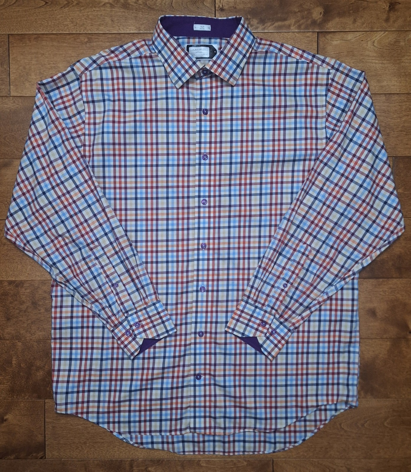 Lorenzo Uomo Men's XL Long-Sleeve Button-Up Dress Shirt Plaid Trim Fit White EUC