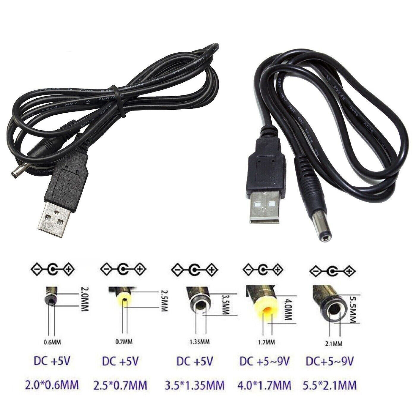 USB DC 5V 5.5mmx2.1mm and 3.5mmx1.3mm Jack Charger Power Cable for plug