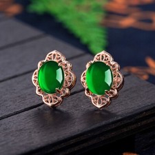 Charming Small Retro Green Jade Ethnic Style Rose Gold Plated Earrings