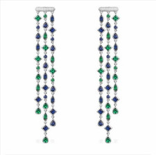 Amazing Long Drop-Dangle Style Blue Sapphire, Green Emerald White CZ Earrings