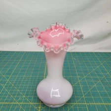 Fenton Cased Pink & White Silver Crest 8" Ruffled Art Glass Vase