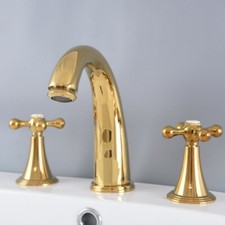 Luxury Polished Gold Brass 3 Holes Widespread Bathroom Tub Sink Faucet Mixer Tap