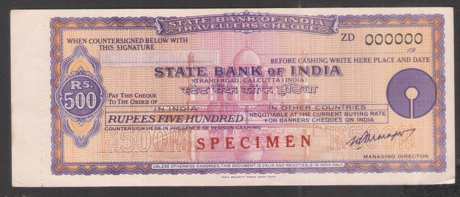 India State Bank of India 500 Rupees Travellers Cheque Specimen | eBay
